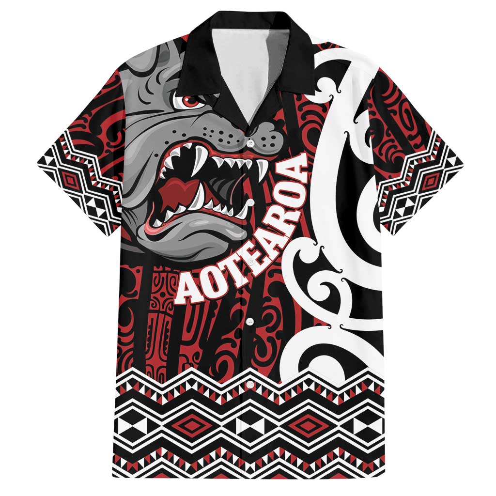 Personalised Aotearoa Bulldog Family Matching Puletasi and Hawaiian Shirt New Zealand Maori Taniko Art LT14 Dad's Shirt - Short Sleeve Red - Polynesian Pride