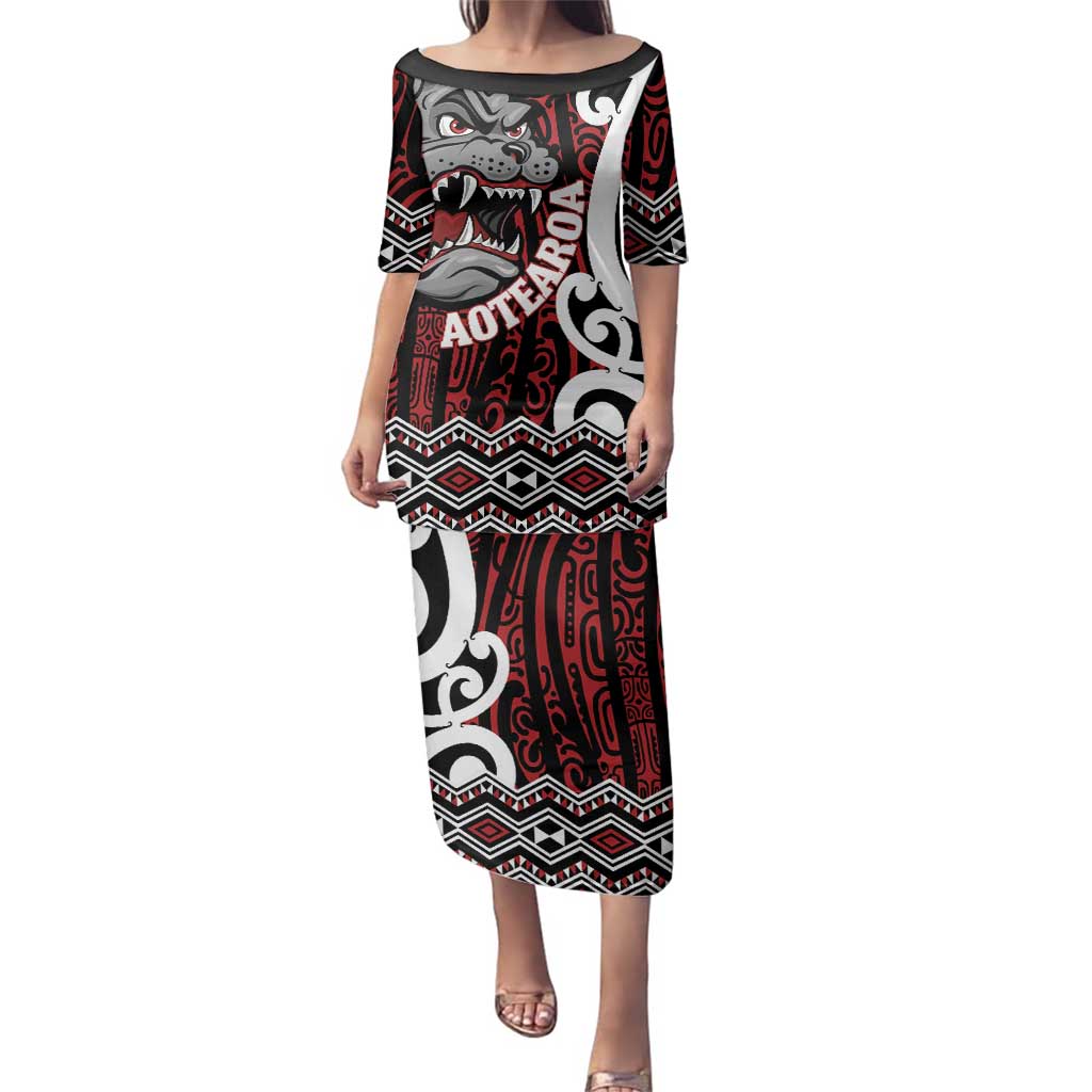 Personalised Aotearoa Bulldog Family Matching Puletasi and Hawaiian Shirt New Zealand Maori Taniko Art LT14 Mom's Dress Red - Polynesian Pride