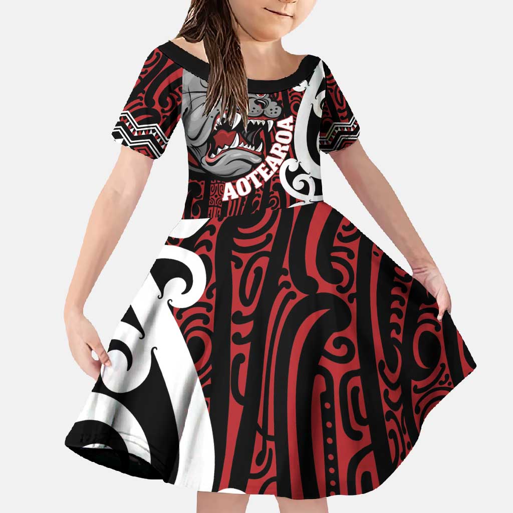 Personalised Aotearoa Bulldog Family Matching Short Sleeve Bodycon Dress and Hawaiian Shirt New Zealand Maori Taniko Art LT14 Daughter's Dress Red - Polynesian Pride