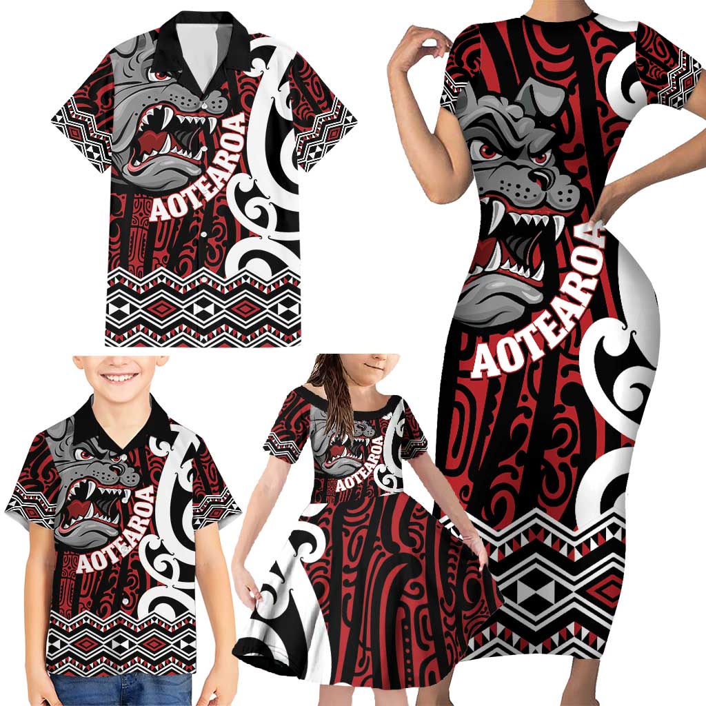 Personalised Aotearoa Bulldog Family Matching Short Sleeve Bodycon Dress and Hawaiian Shirt New Zealand Maori Taniko Art LT14 - Polynesian Pride