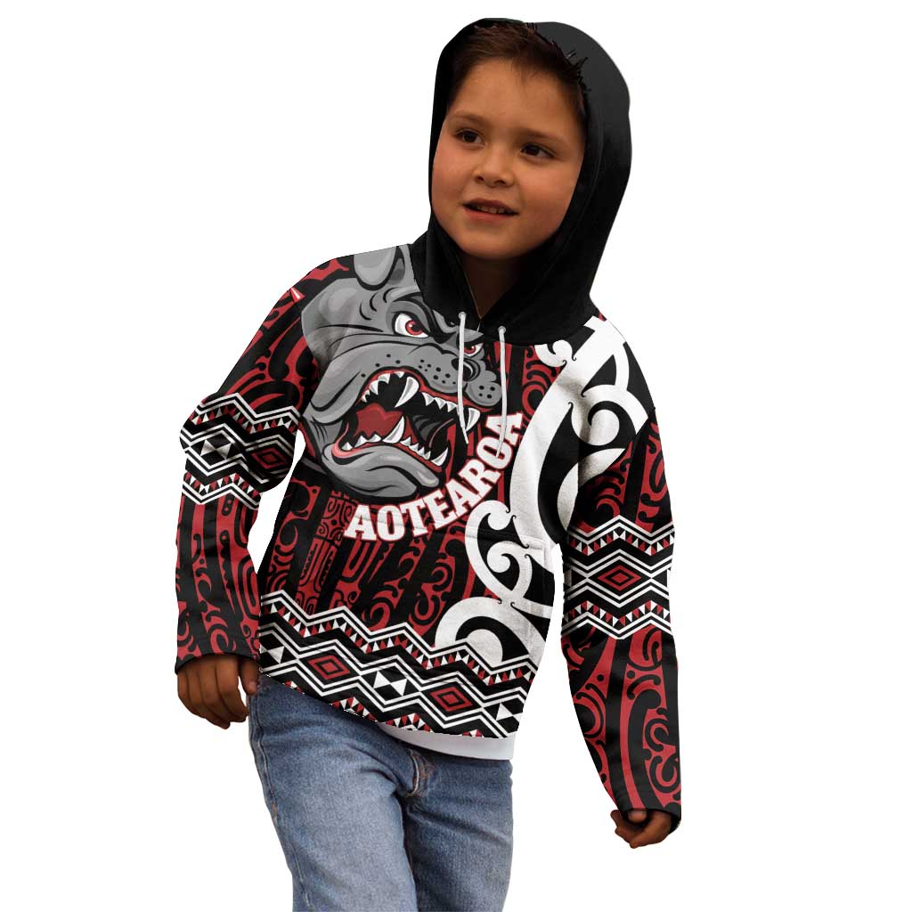 Personalised Aotearoa Bulldog Kid Hoodie New Zealand Maori Taniko Art