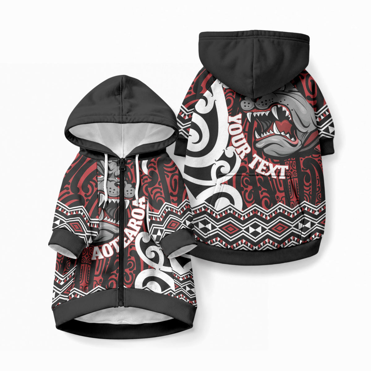 Personalised Aotearoa Bulldog Pet Hoodie New Zealand Maori Taniko Art