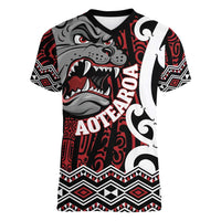 Personalised Aotearoa Bulldog Women V-Neck T-Shirt New Zealand Maori Taniko Art LT14 Female Red - Polynesian Pride