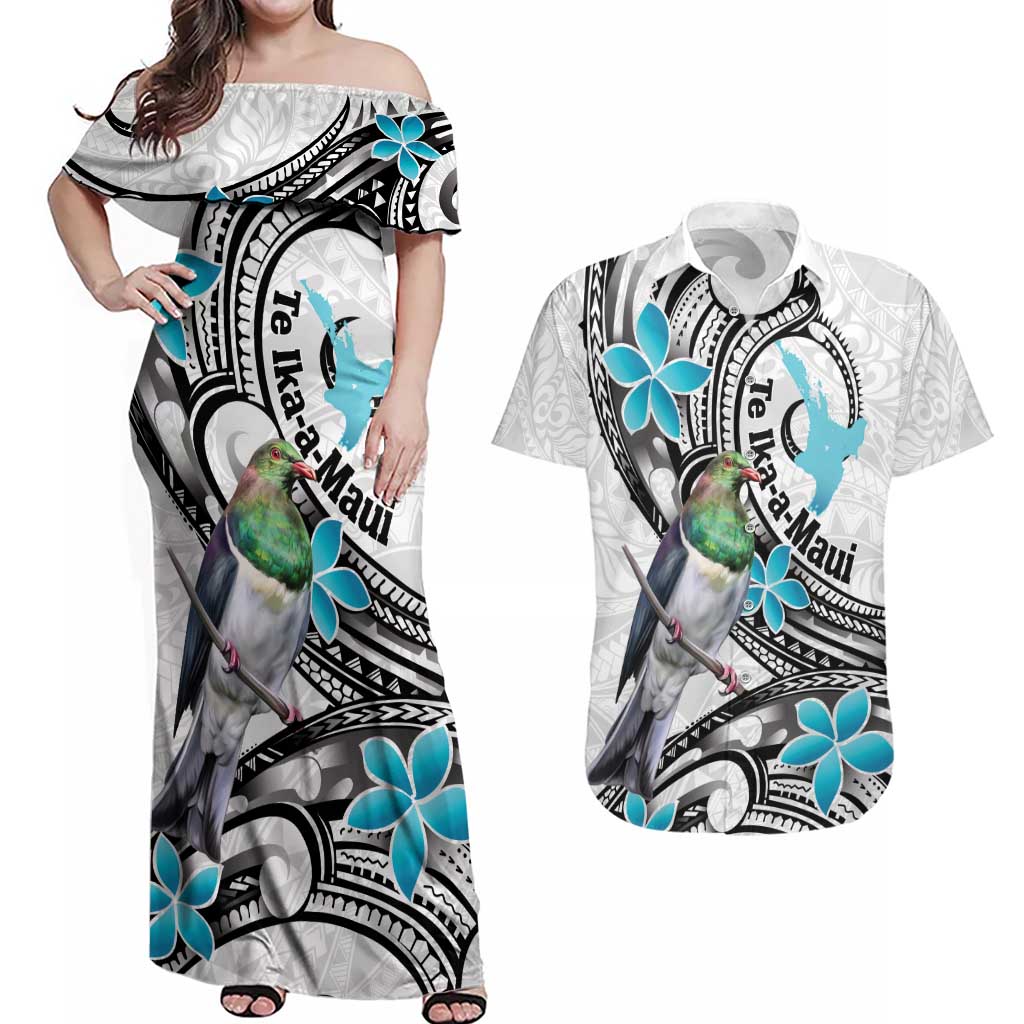 Aotearoa Te Ika-a-Maui Couples Matching Off Shoulder Maxi Dress and Hawaiian Shirt South Island Kekeru Maori Koru