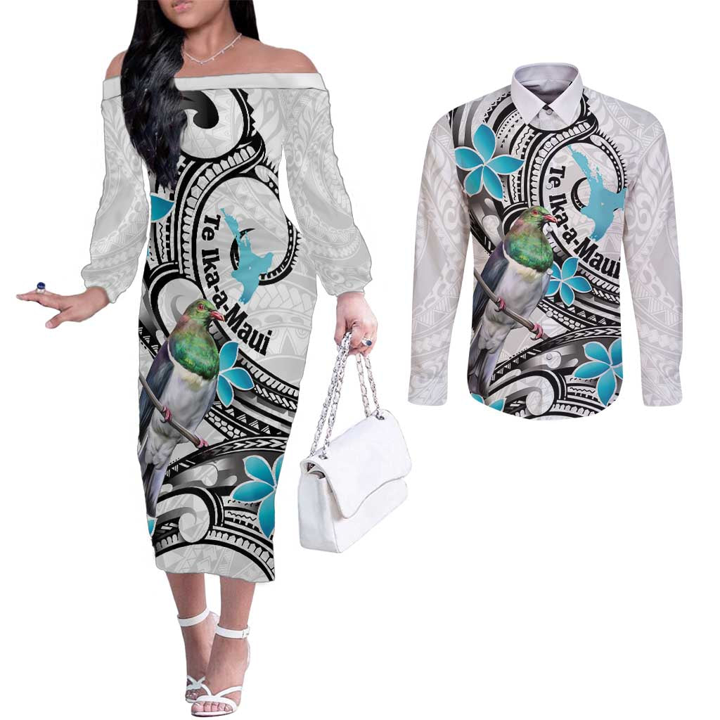 Aotearoa Te Ika-a-Maui Couples Matching Off The Shoulder Long Sleeve Dress and Long Sleeve Button Shirt South Island Kekeru Maori Koru LT14 White - Polynesian Pride