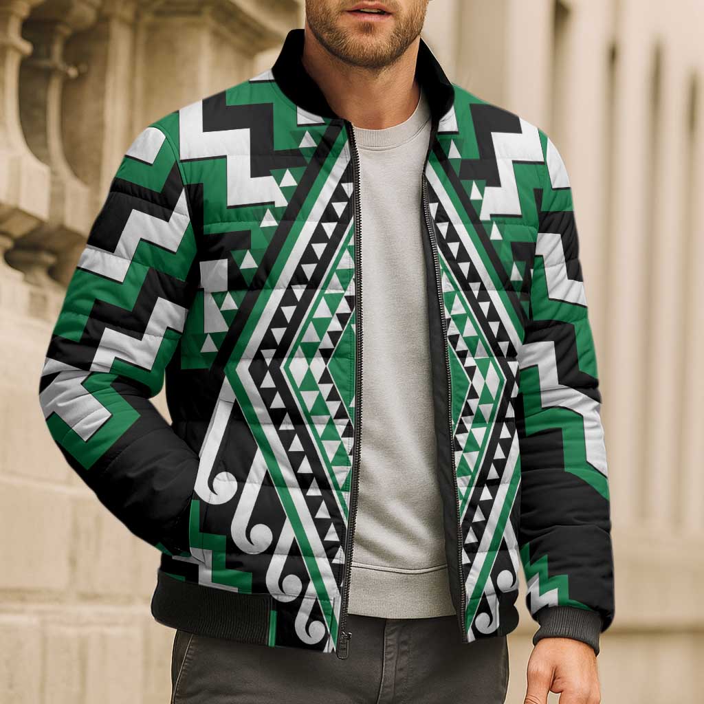 Green New Zealand Taniko Poutama Patikitiki Bomber Puffer Jacket - Polynesian Pride