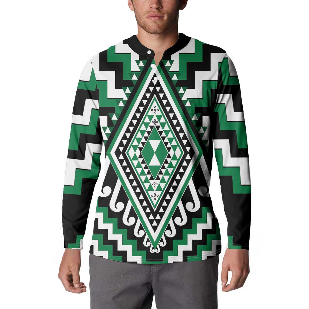 Green Aotearoa Taniko Poutama Patikitiki Button Sweatshirt