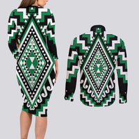 Green Aotearoa Taniko Poutama Patikitiki Couples Matching Long Sleeve Bodycon Dress and Long Sleeve Button Shirt