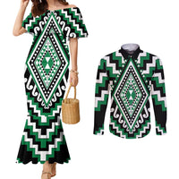 Green Aotearoa Taniko Poutama Patikitiki Couples Matching Mermaid Dress and Long Sleeve Button Shirt