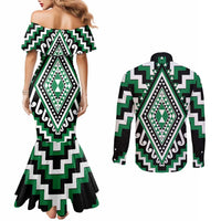 Green Aotearoa Taniko Poutama Patikitiki Couples Matching Mermaid Dress and Long Sleeve Button Shirt