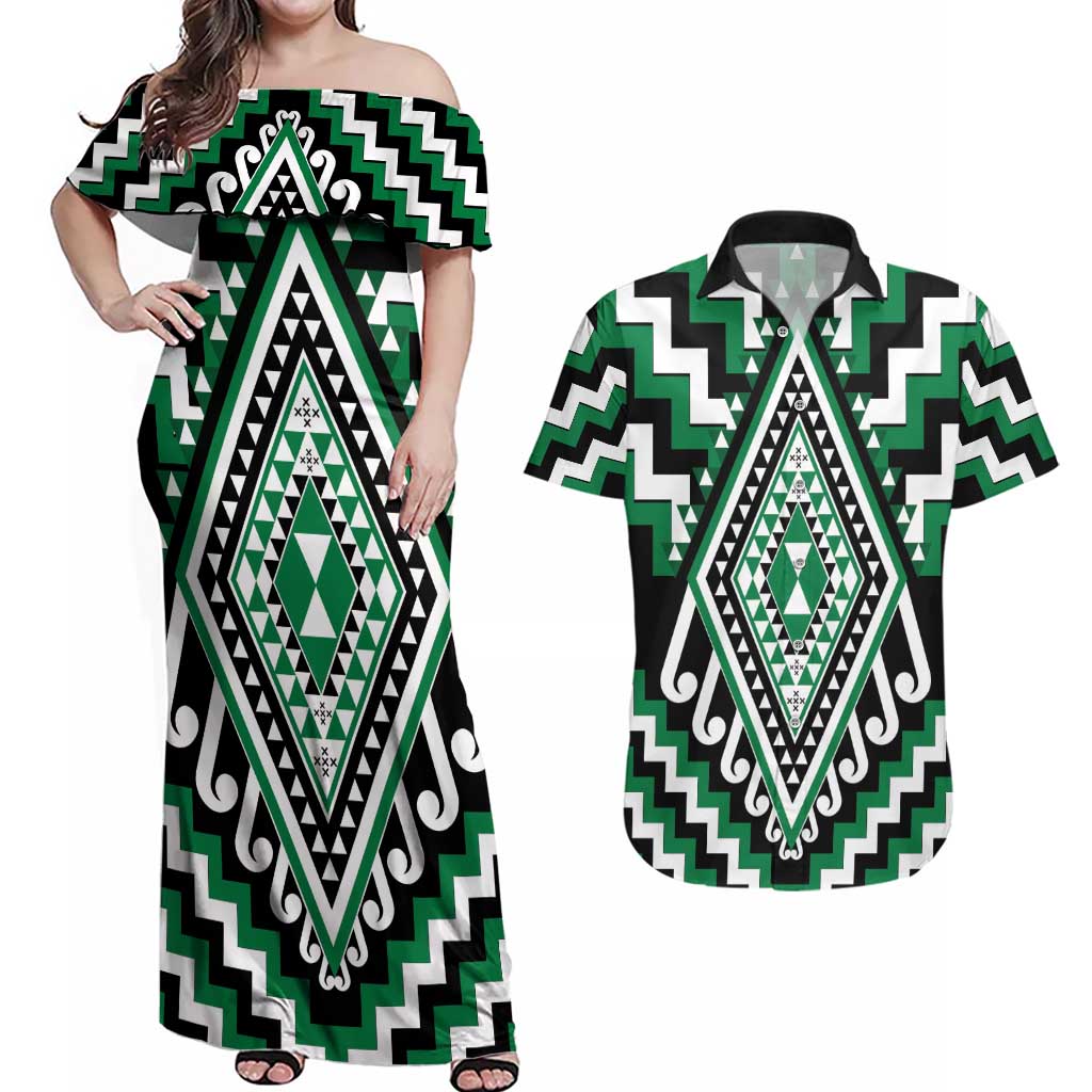 Green Aotearoa Taniko Poutama Patikitiki Couples Matching Off Shoulder Maxi Dress and Hawaiian Shirt