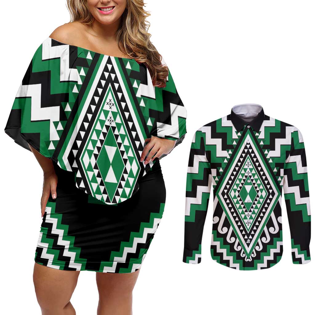 Green Aotearoa Taniko Poutama Patikitiki Couples Matching Off Shoulder Short Dress and Long Sleeve Button Shirt