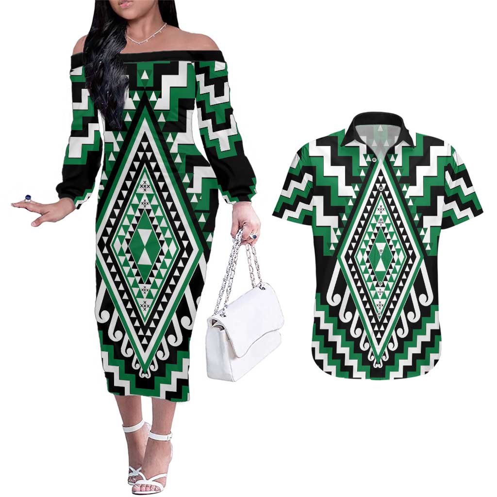 Green Aotearoa Taniko Poutama Patikitiki Couples Matching Off The Shoulder Long Sleeve Dress and Hawaiian Shirt