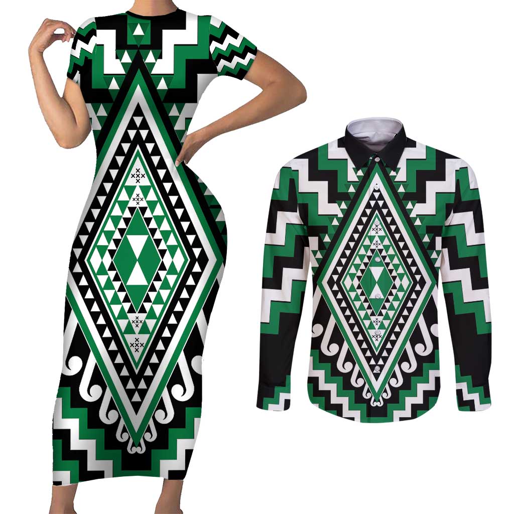 Green Aotearoa Taniko Poutama Patikitiki Couples Matching Short Sleeve Bodycon Dress and Long Sleeve Button Shirt