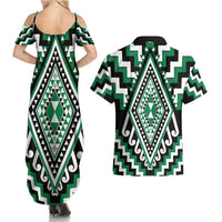 Green Aotearoa Taniko Poutama Patikitiki Couples Matching Summer Maxi Dress and Hawaiian Shirt