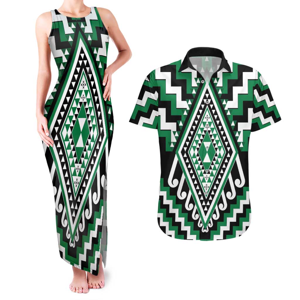 Green Aotearoa Taniko Poutama Patikitiki Couples Matching Tank Maxi Dress and Hawaiian Shirt