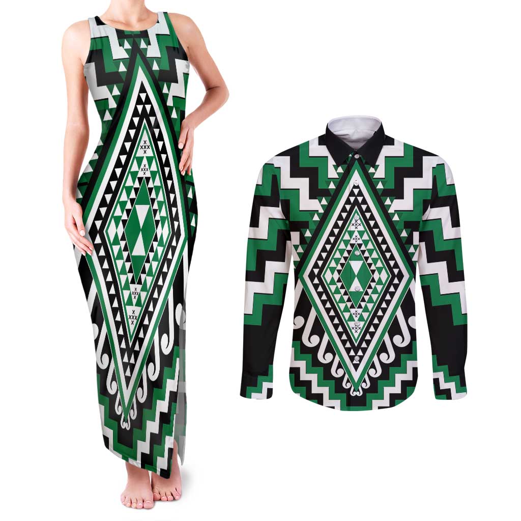 Green Aotearoa Taniko Poutama Patikitiki Couples Matching Tank Maxi Dress and Long Sleeve Button Shirt