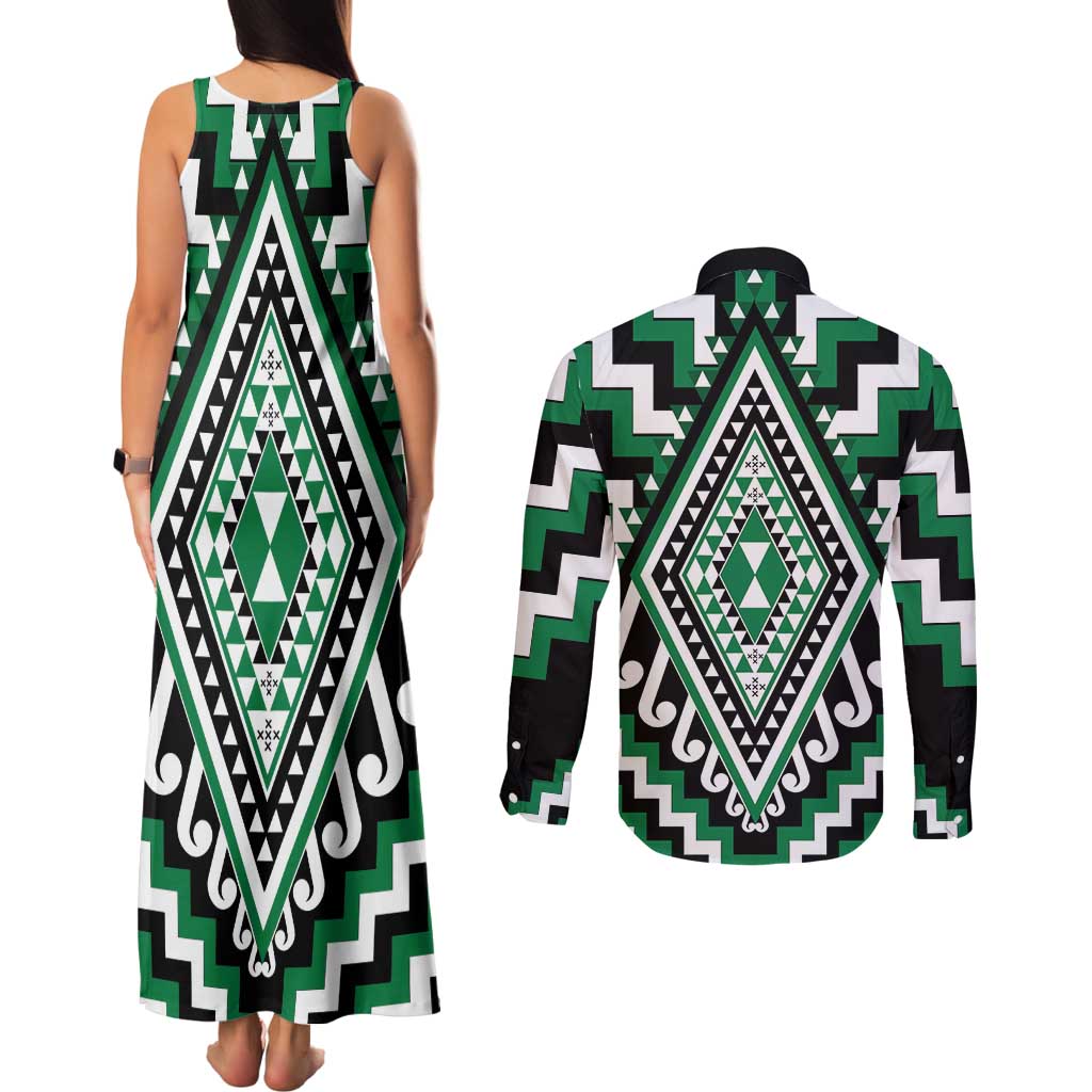 Green Aotearoa Taniko Poutama Patikitiki Couples Matching Tank Maxi Dress and Long Sleeve Button Shirt