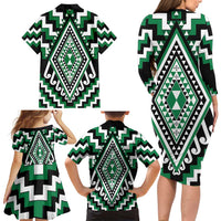 Green Aotearoa Taniko Poutama Patikitiki Family Matching Long Sleeve Bodycon Dress and Hawaiian Shirt LT14 - Polynesian Pride