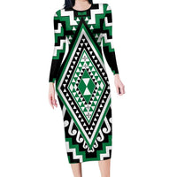 Green Aotearoa Taniko Poutama Patikitiki Family Matching Long Sleeve Bodycon Dress and Hawaiian Shirt LT14 Mom's Dress Green - Polynesian Pride