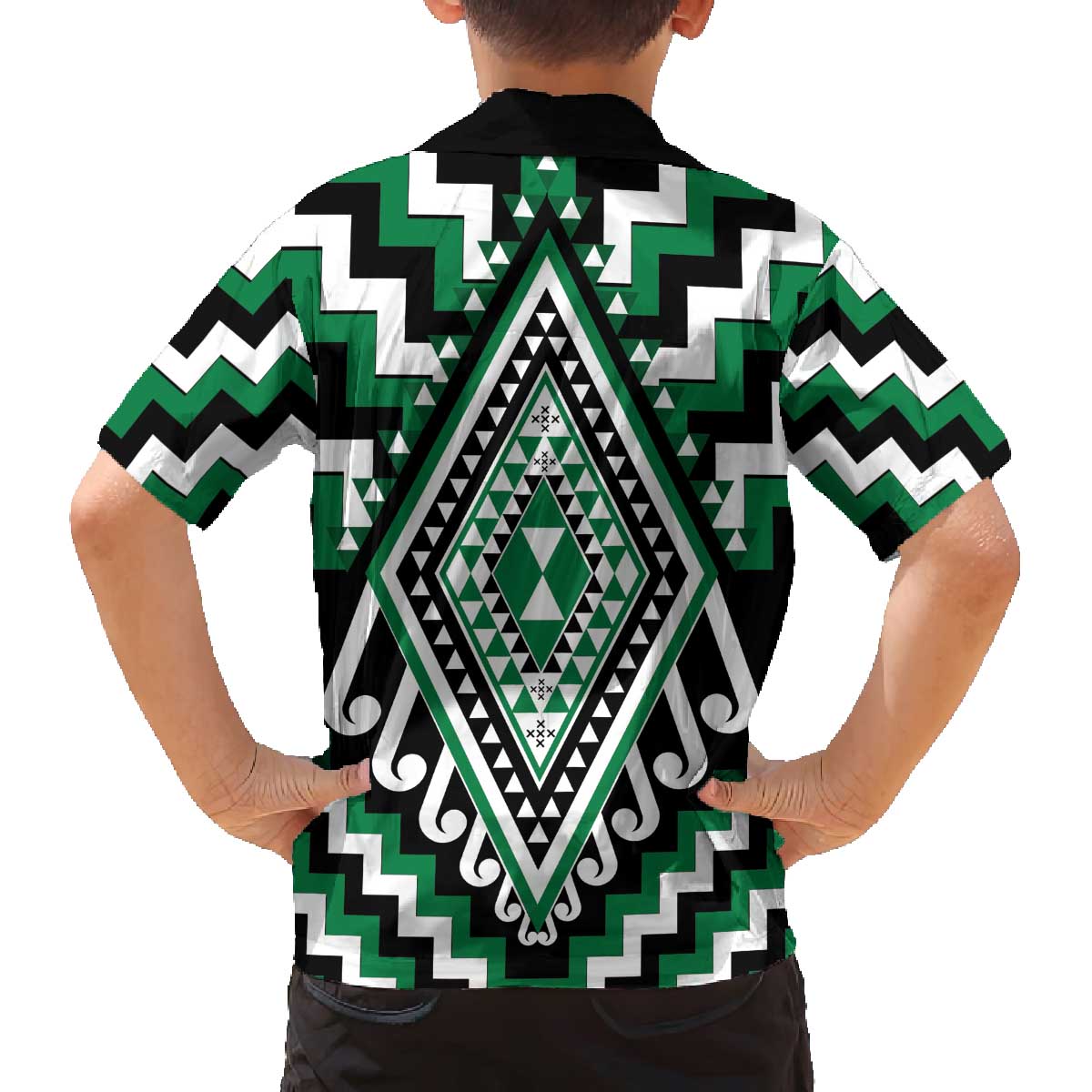Green Aotearoa Taniko Poutama Patikitiki Family Matching Off The Shoulder Long Sleeve Dress and Hawaiian Shirt LT14 - Polynesian Pride
