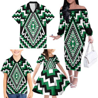 Green Aotearoa Taniko Poutama Patikitiki Family Matching Off The Shoulder Long Sleeve Dress and Hawaiian Shirt LT14 - Polynesian Pride
