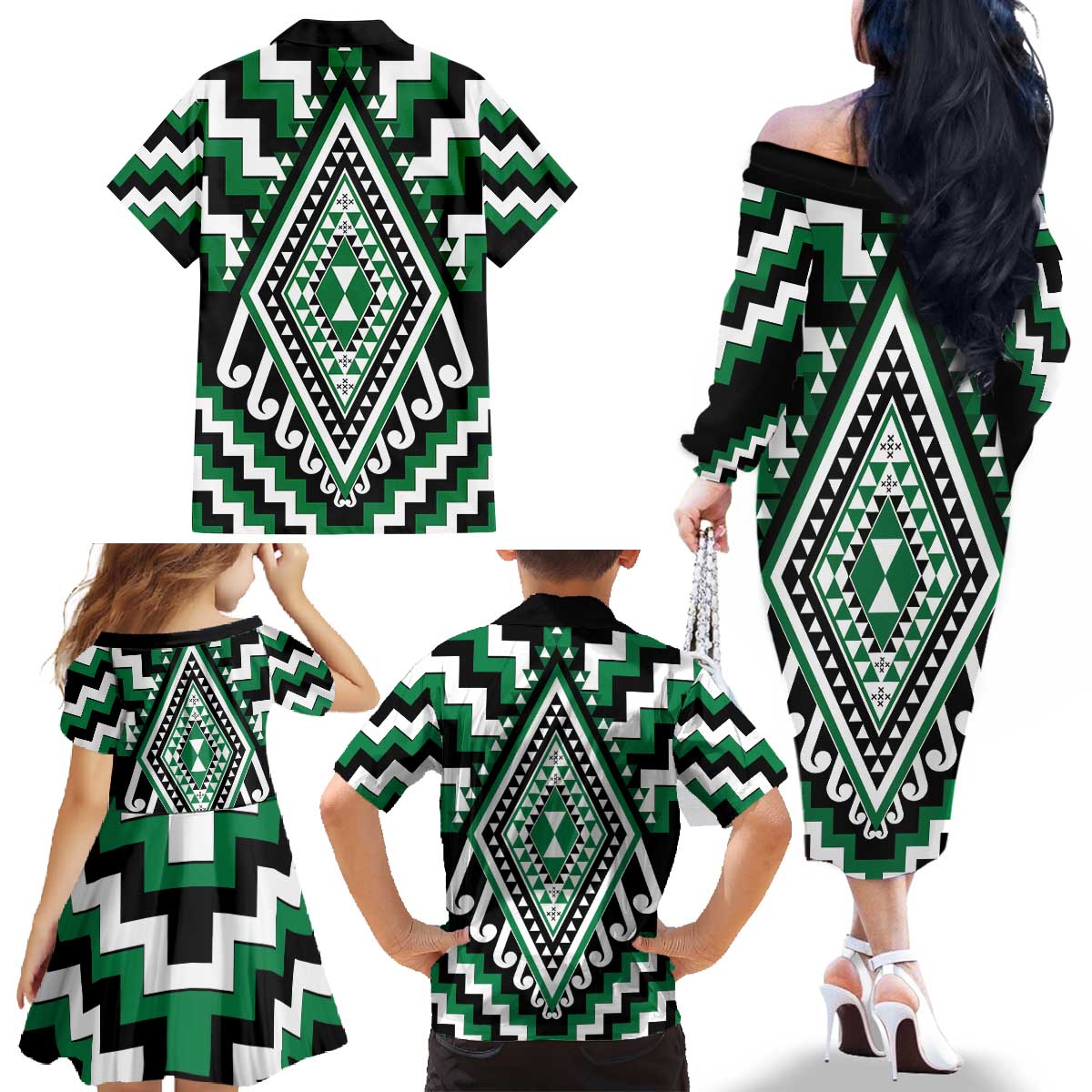 Green Aotearoa Taniko Poutama Patikitiki Family Matching Off The Shoulder Long Sleeve Dress and Hawaiian Shirt LT14 - Polynesian Pride