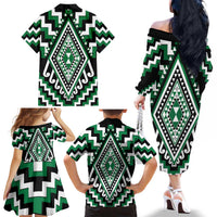 Green Aotearoa Taniko Poutama Patikitiki Family Matching Off The Shoulder Long Sleeve Dress and Hawaiian Shirt LT14 - Polynesian Pride