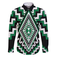 Green Aotearoa Taniko Poutama Patikitiki Family Matching Off The Shoulder Long Sleeve Dress and Hawaiian Shirt LT14 Dad's Shirt - Long Sleeve Green - Polynesian Pride
