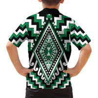 Green Aotearoa Taniko Poutama Patikitiki Family Matching Off Shoulder Maxi Dress and Hawaiian Shirt LT14 - Polynesian Pride