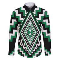 Green Aotearoa Taniko Poutama Patikitiki Family Matching Off Shoulder Maxi Dress and Hawaiian Shirt LT14 Dad's Shirt - Long Sleeve Green - Polynesian Pride