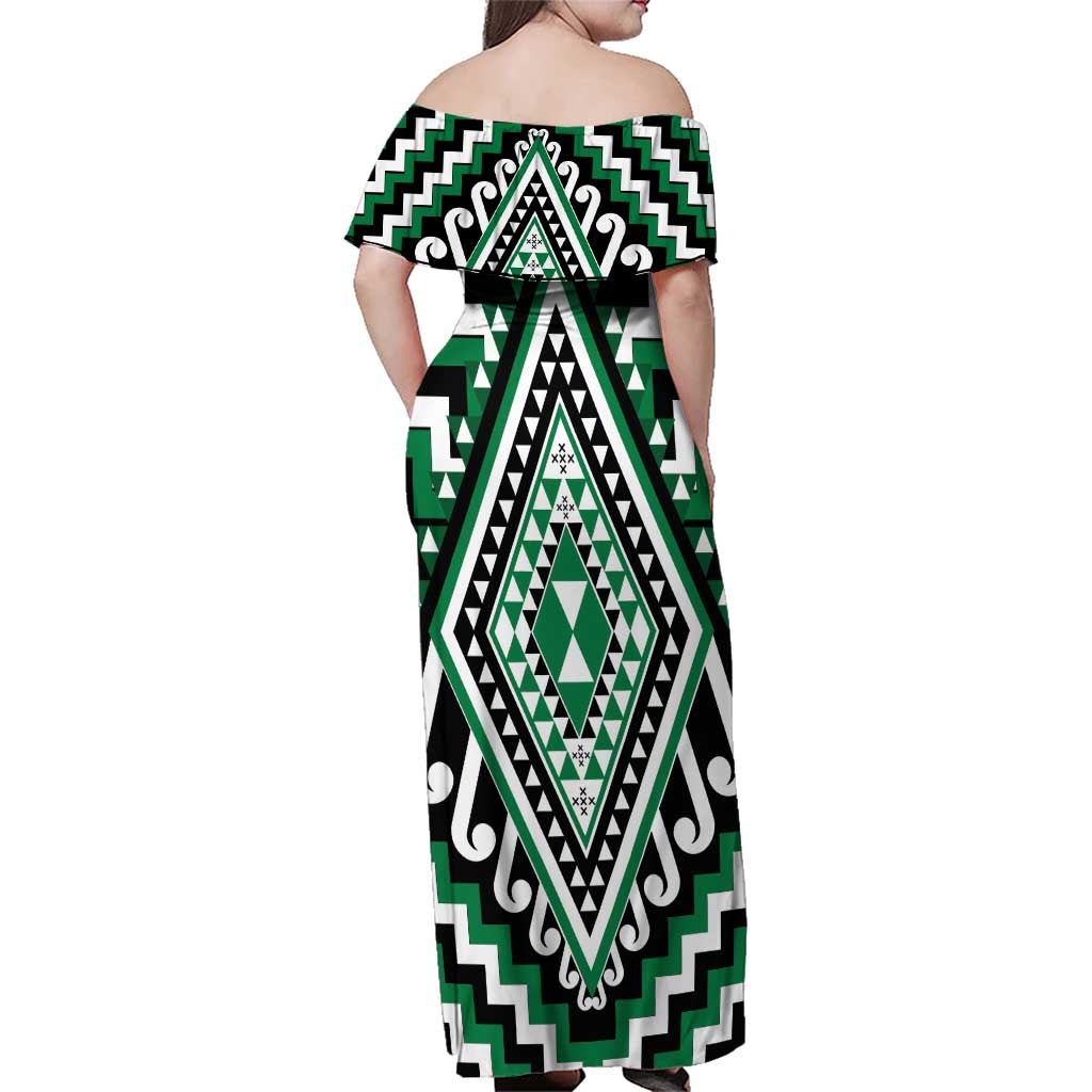 Green Aotearoa Taniko Poutama Patikitiki Family Matching Off Shoulder Maxi Dress and Hawaiian Shirt LT14 - Polynesian Pride