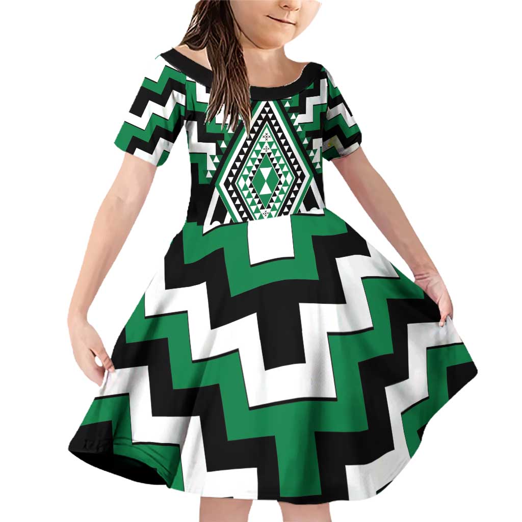 Green Aotearoa Taniko Poutama Patikitiki Family Matching Off Shoulder Short Dress and Hawaiian Shirt