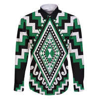 Green Aotearoa Taniko Poutama Patikitiki Family Matching Puletasi and Hawaiian Shirt LT14 Dad's Shirt - Long Sleeve Green - Polynesian Pride