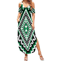 Green Aotearoa Taniko Poutama Patikitiki Family Matching Summer Maxi Dress and Hawaiian Shirt