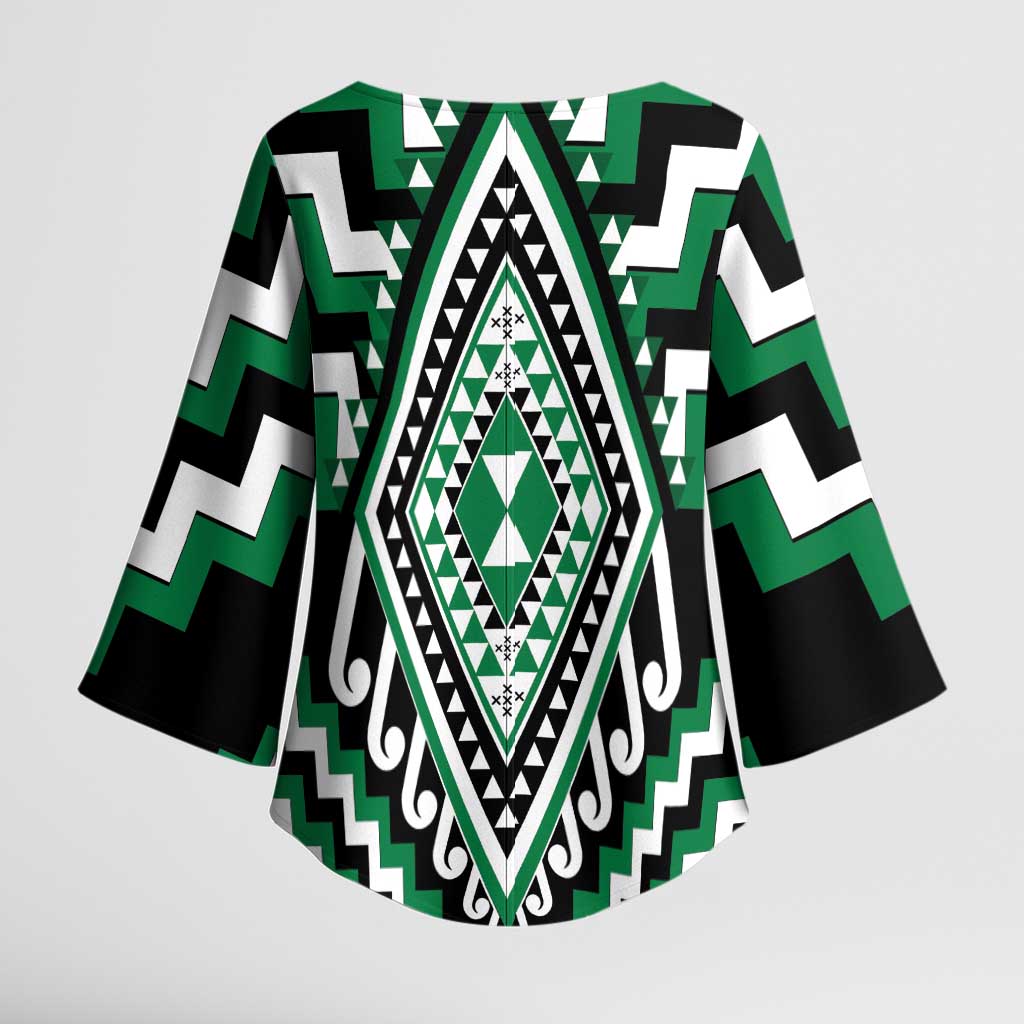 Green New Zealand Taniko Poutama Patikitiki Kimono Sleeve Blouse - Polynesian Pride