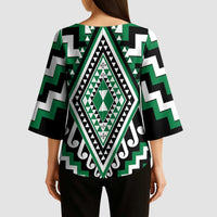 Green New Zealand Taniko Poutama Patikitiki Kimono Sleeve Blouse - Polynesian Pride