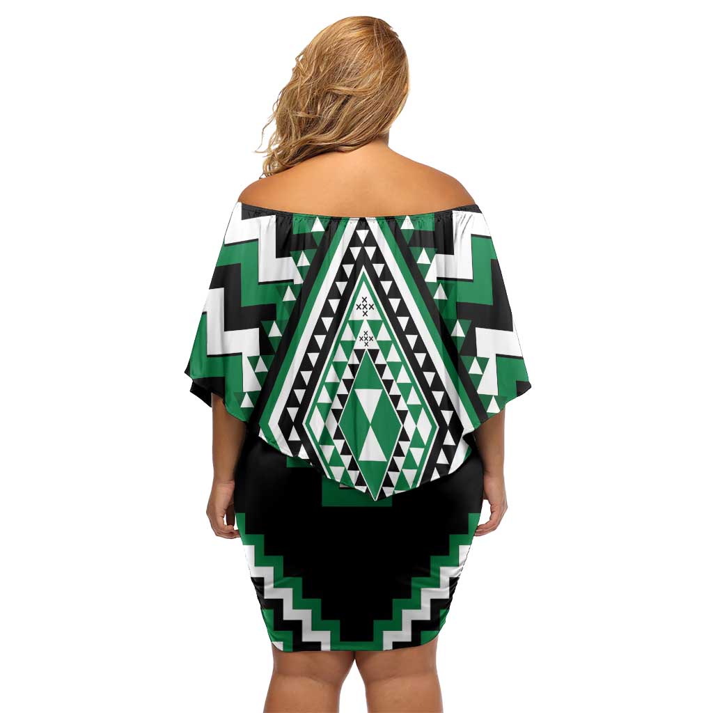 Green Aotearoa Taniko Poutama Patikitiki Off Shoulder Short Dress