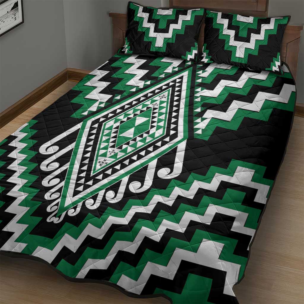 Green Aotearoa Taniko Poutama Patikitiki Quilt Bed Set