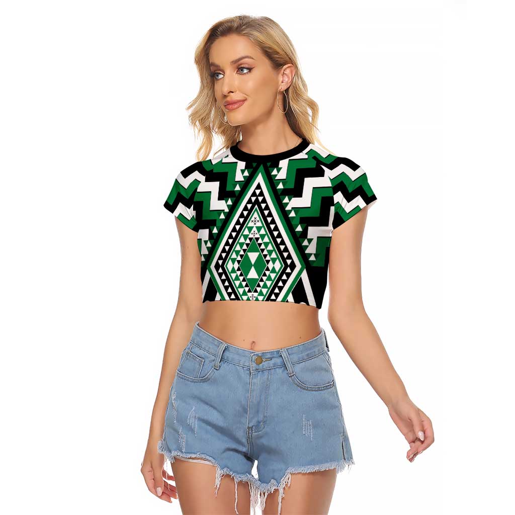 Green Aotearoa Taniko Poutama Patikitiki Raglan Cropped T Shirt