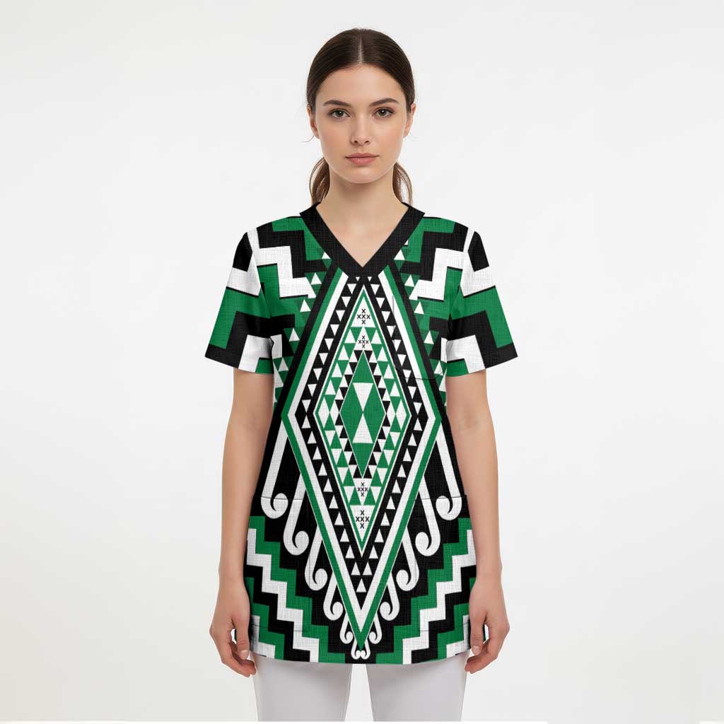 Green Aotearoa Taniko Poutama Patikitiki Scrub Top - Polynesian Pride