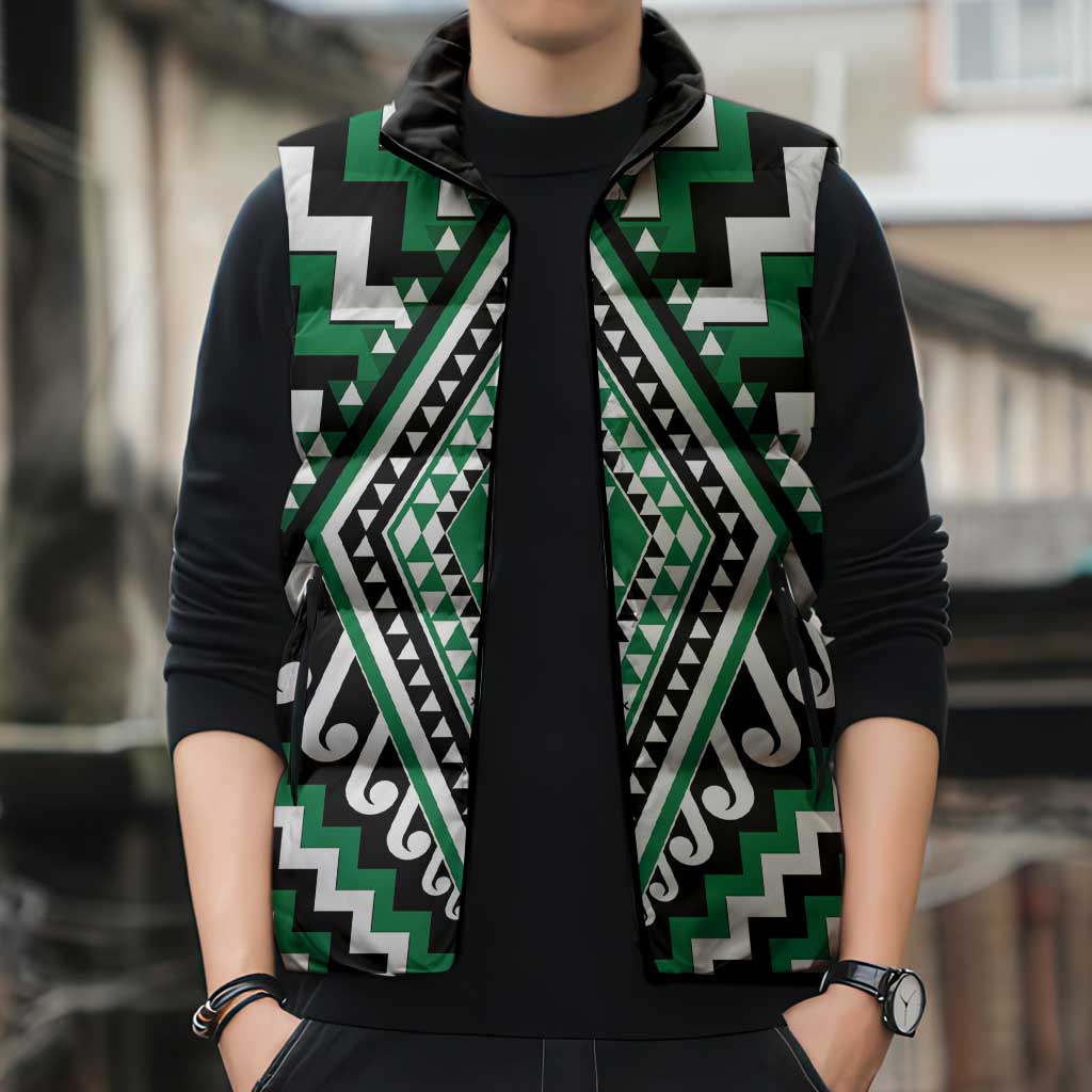 Green New Zealand Taniko Poutama Patikitiki Sleeveless Puffer Jacket - Polynesian Pride
