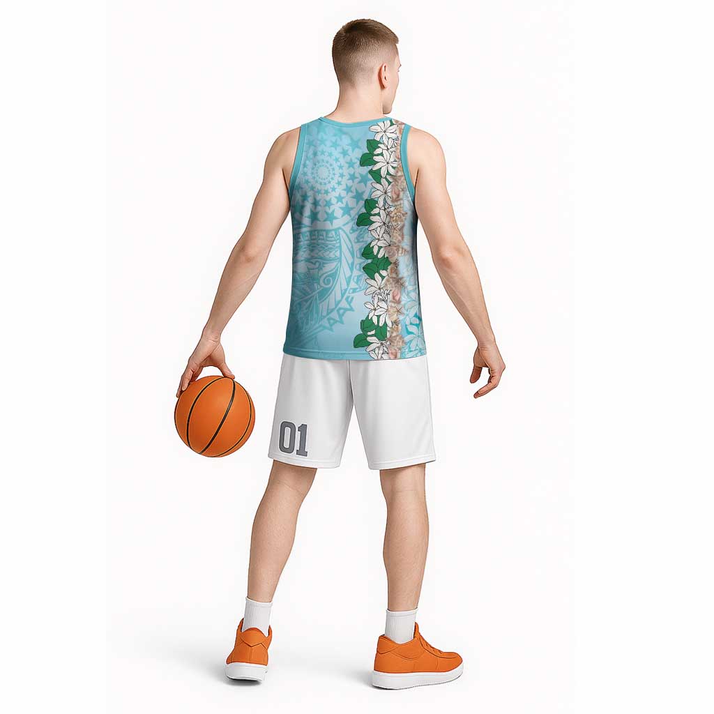 Cook Islands Tiare Maori With Conch Shell Basketball Jersey Pasifika Fest Polynesian Tattoo Turquoise