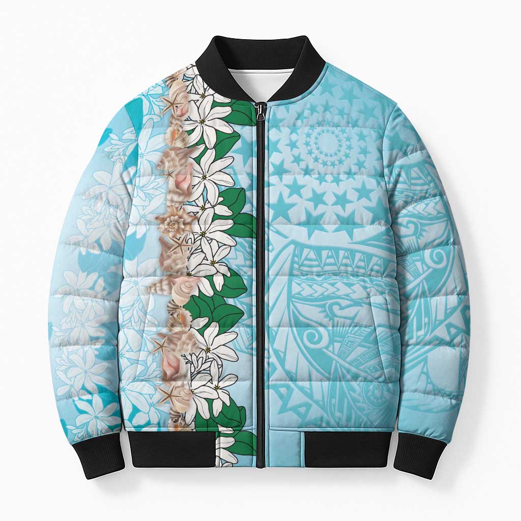Cook Islands Tiare Maori With Conch Shell Bomber Puffer Jacket Pasifika Fest Polynesian Tattoo Turquoise