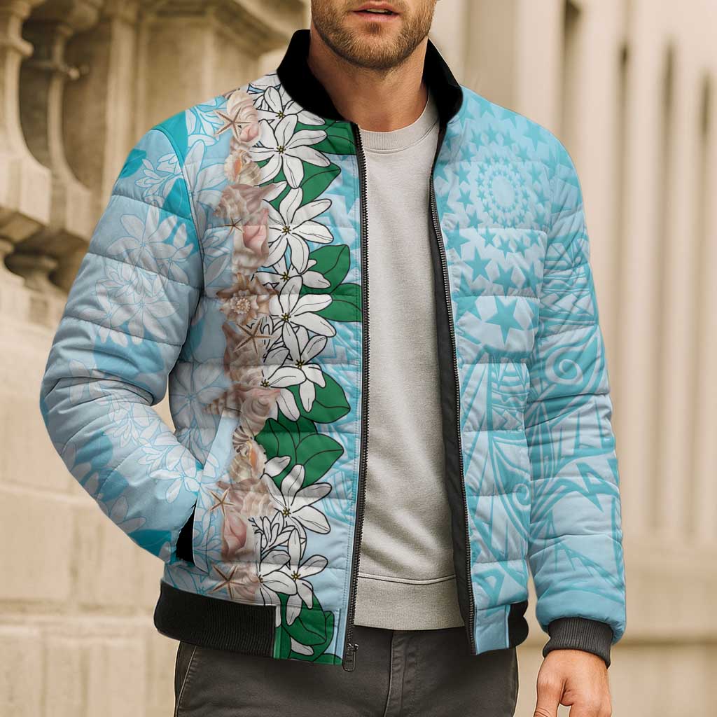 Cook Islands Tiare Maori With Conch Shell Bomber Puffer Jacket Pasifika Fest Polynesian Tattoo Turquoise