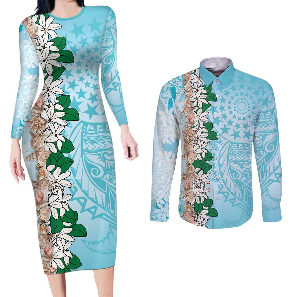 Cook Islands Tiare Maori With Conch Shell Couples Matching Long Sleeve Bodycon Dress and Long Sleeve Button Shirt Pasifika Fest Polynesian Tattoo Turquoise LT14 Turquoise - Polynesian Pride