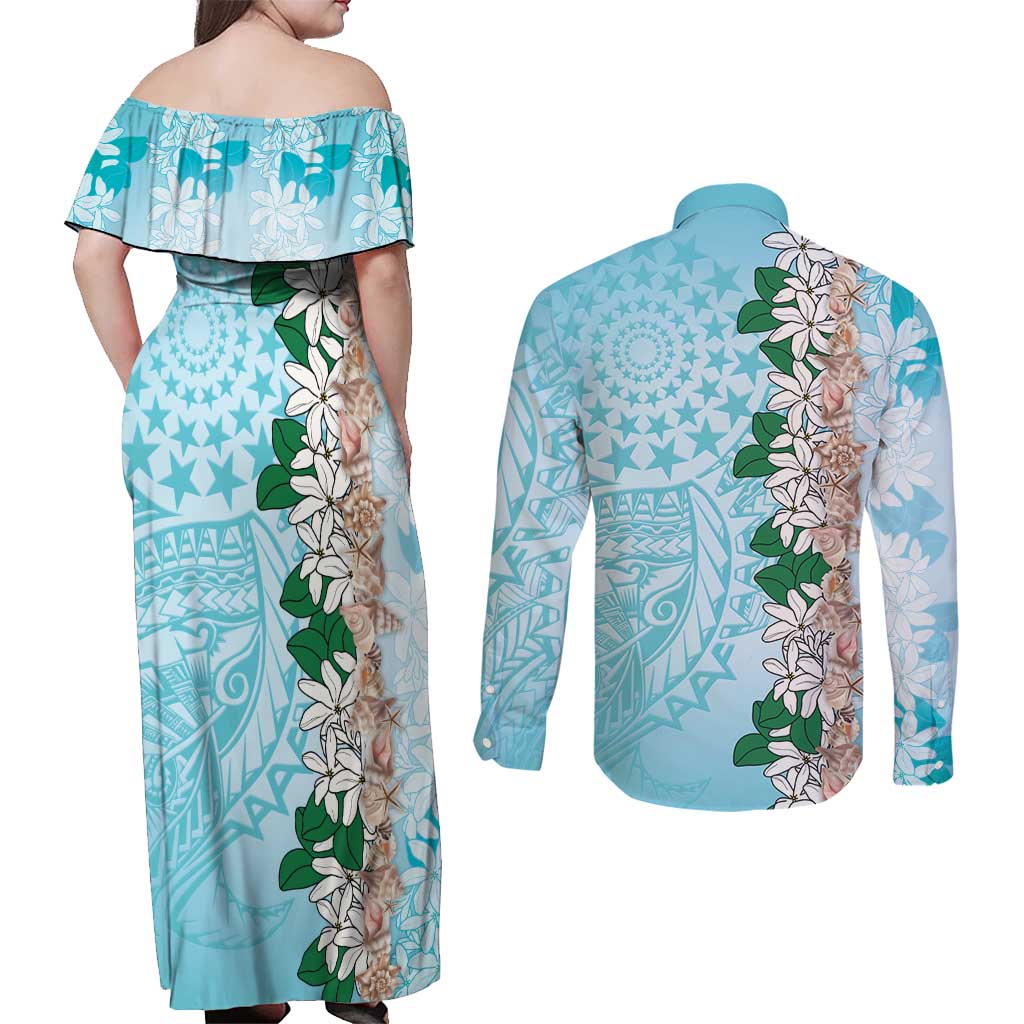 Cook Islands Tiare Maori With Conch Shell Couples Matching Off Shoulder Maxi Dress and Long Sleeve Button Shirt Pasifika Fest Polynesian Tattoo Turquoise