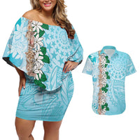 Cook Islands Tiare Maori With Conch Shell Couples Matching Off Shoulder Short Dress and Hawaiian Shirt Pasifika Fest Polynesian Tattoo Turquoise LT14 Turquoise - Polynesian Pride