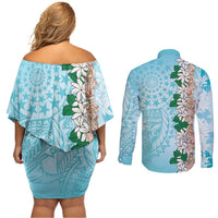 Cook Islands Tiare Maori With Conch Shell Couples Matching Off Shoulder Short Dress and Long Sleeve Button Shirt Pasifika Fest Polynesian Tattoo Turquoise