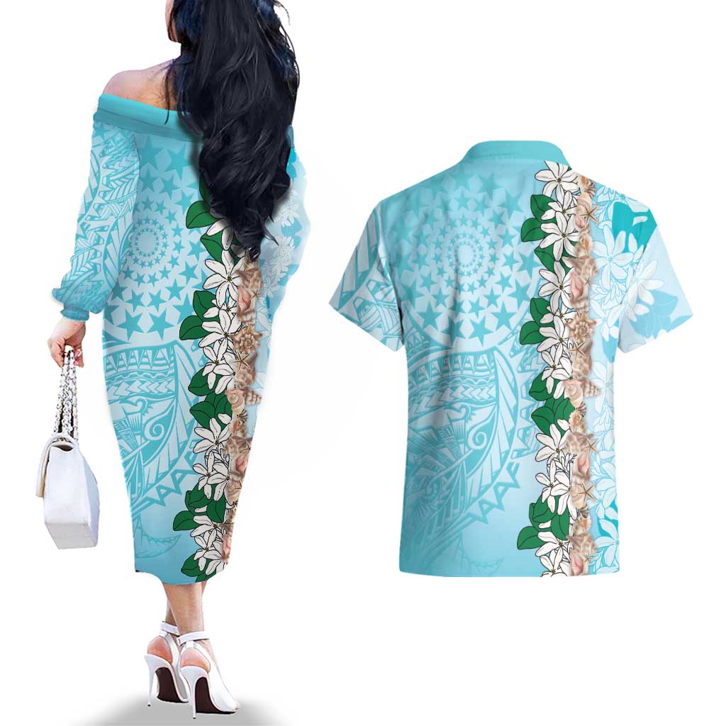 Cook Islands Tiare Maori With Conch Shell Couples Matching Off The Shoulder Long Sleeve Dress and Hawaiian Shirt Pasifika Fest Polynesian Tattoo Turquoise LT14 - Polynesian Pride